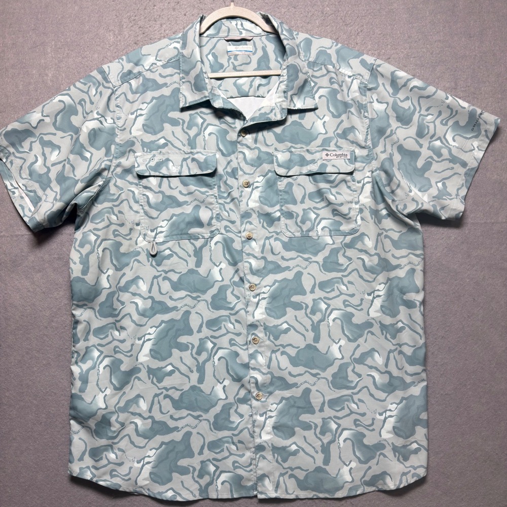 Columbia PFG Mens 2X Blue Camo Short Sleeve Button Up Fishing Shirt Omni-Shade